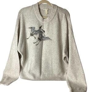 H&M Vintage Embroidered Bird Sweater Oatmeal Knit Pullover Size Large